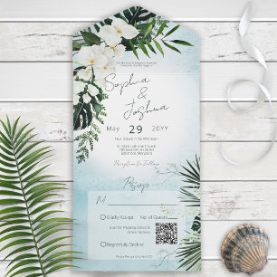 Invitación Todo En Uno Boho Tropical Green Modern Aqua QR Code