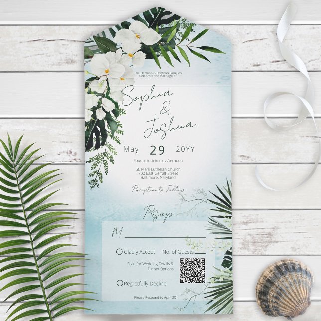 Invitación Todo En Uno Boho Tropical Green Modern Aqua QR Code (Subido por el creador)