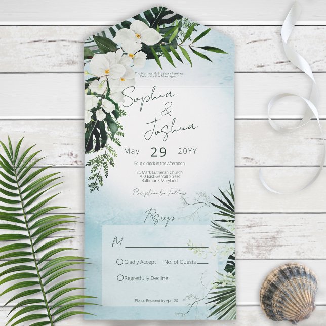 Invitación Todo En Uno Boho Verdor tropical Aqua moderno no cena (Subido por el creador)
