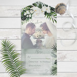 Invitación Todo En Uno Boho Verdor tropical moderno foto no cena<br><div class="desc">DISPONIBLE CON O SIN CÓDIGO QR O OPCIONES PARA CENAR. Este diseño presenta una hermosa vegetación tropical exuberante y flores blancas sobre un suave fondo de color verde. Personalízalo con tu propia foto especial. Perfecto para el destino o la boda en la playa. Creado por Simply Farmhouse Press.</div>
