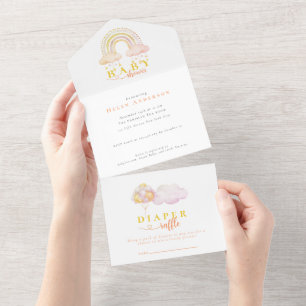 Invitación Todo En Uno Boho Watercolor Arcoiris rosa Chica Baby Shower