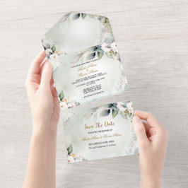 Invitación Todo En Uno Boho Watercolor Greenery Floral Moderno Boda