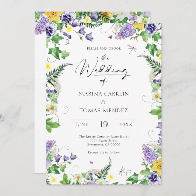 Invitación Todo en uno | Boho Watercolor Wildflower Boda (Anverso / Reverso)