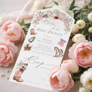 Invitación Todo En Uno Boho Western Watercolor Little Cowgirl Baby Shower