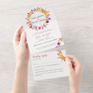 Invitación Todo En Uno Boho Wildflower Caída Wreath Foliage Boda