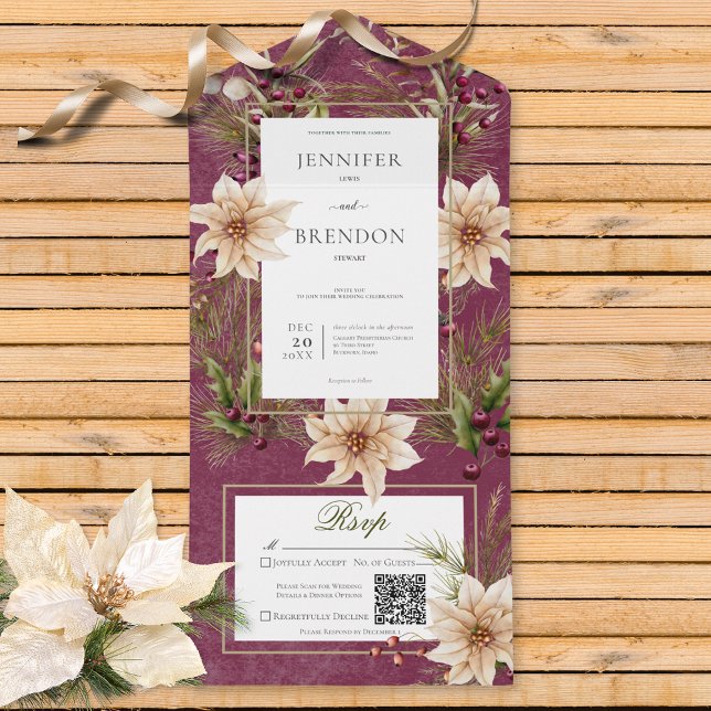 Invitación Todo En Uno Boho Winter Greenery Boughs Borgoña Sin Cena (Also available with a QR code or with dinner selection options.)