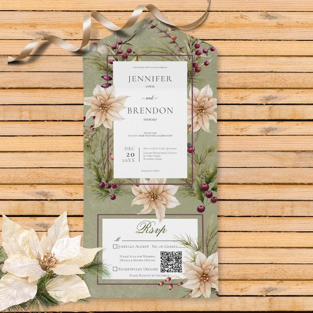 Invitación Todo En Uno Boho Winter Greenery Boughs Sage Green QR Code (Also available without a QR code; with or without dinner selection options.)