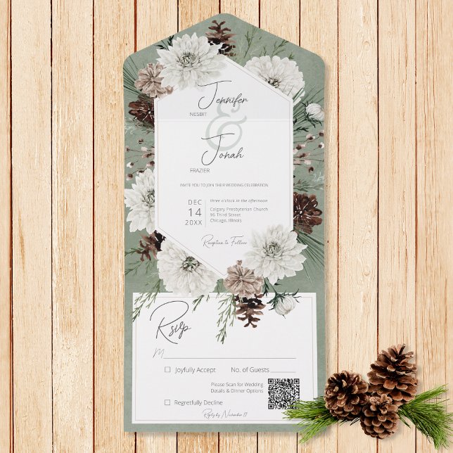Invitación Todo En Uno Boho Winter White Floral & Pine Green QR Code (Also available without a QR code; with or without dinner selection options.)
