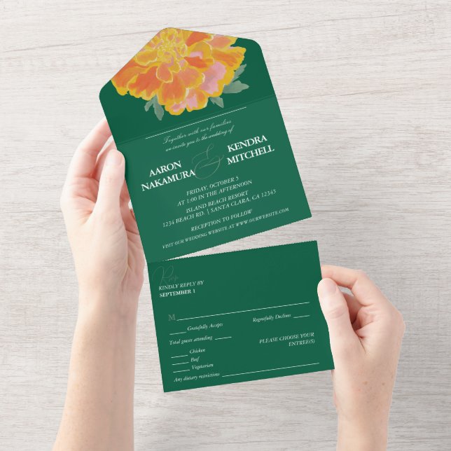 Invitación Todo En Uno Bold Emerald Marigold Wedding (desgarro)