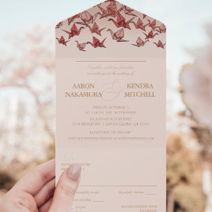 Invitación Todo En Uno Bonita grúa de papel rojo