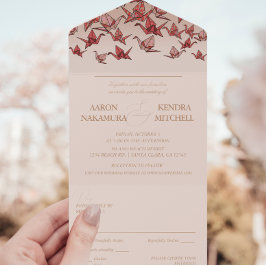 Invitación Todo En Uno Bonita grúa de papel rojo