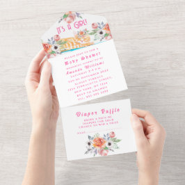 Invitación Todo En Uno Bonitas flores gitanas rosadas es un Baby Shower C