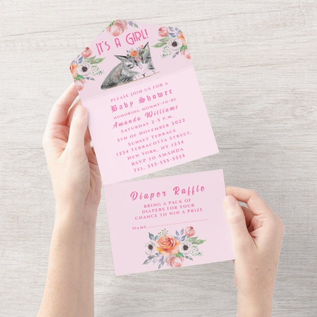 Invitación Todo En Uno Bonitas flores gitanas rosadas es un Baby Shower C (desgarro)