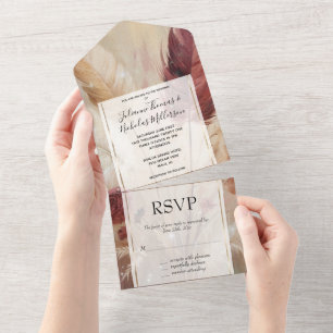 Invitación Todo En Uno Bonito romántica Crema roja Boho Feathers Boda
