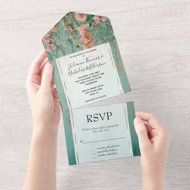 Invitación Todo En Uno Bonito Romántica Verde azulada Rubor Peach Flowers (desgarro)