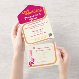 Invitación Todo En Uno Borde Curvo de Franja de Arcoíris - Rosa Naranja