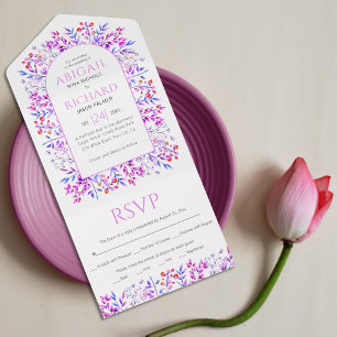 Invitación Todo En Uno Borde de hojas y bayas boda púrpura rosa