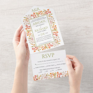 Invitación Todo En Uno Borde de hojas y bayas boda verde oliva