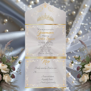 Invitación Todo En Uno Borde Dorado Vintage Quinceañera - Blanco Perla