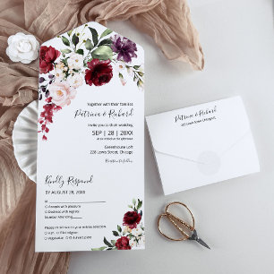 Invitación Todo En Uno Bordó Acuarela Floral Elegante Boda