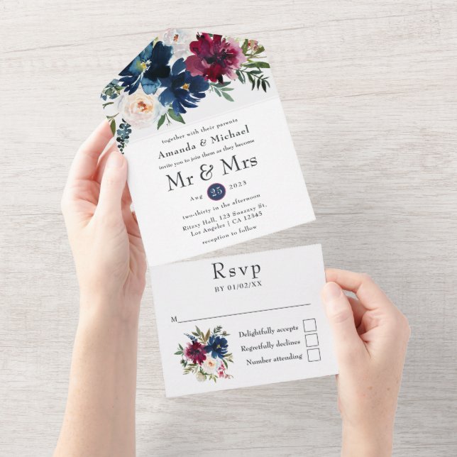 Invitación Todo En Uno Bordo y Boda floral acuarela de la Marina (desgarro)