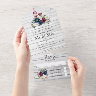 Invitación Todo En Uno Bordo y Floral Acuarela Navy