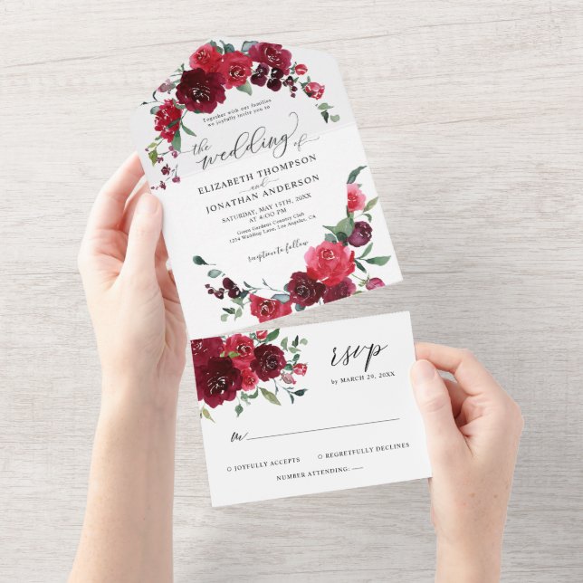 Invitación Todo En Uno Borgoña Berry Pink Marsala Boda Detalles RSVP (desgarro)