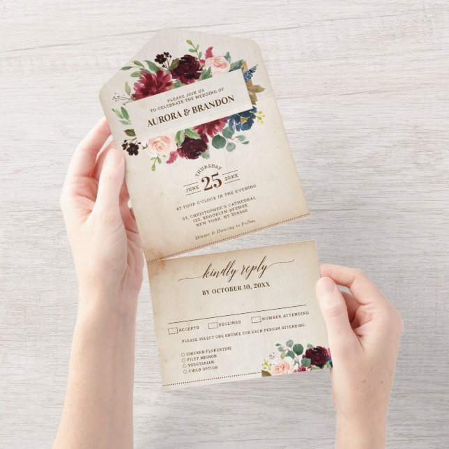 Invitación Todo En Uno Borgoña Boda de Boho (desgarro)