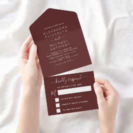 Invitación Todo En Uno Borgoña Boda simple tipografía moderna romántica