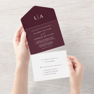 Invitación Todo En Uno Borgoña elegante Boda Minimalista