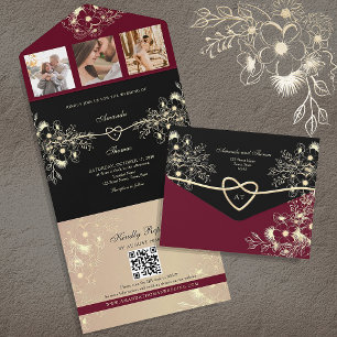 Invitación Todo En Uno Borgoña Gótica y Boda Negra
