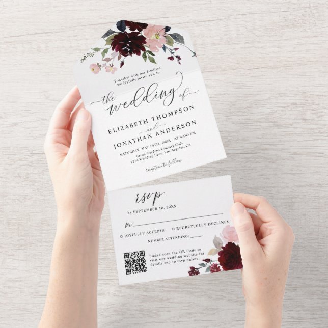 Invitación Todo En Uno Borgoña Marsala Boda Floral Detalles QR RSVP (desgarro)