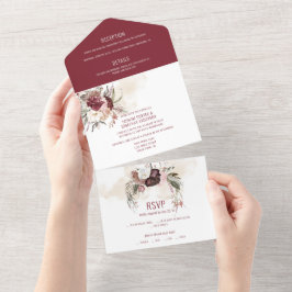 Invitación Todo En Uno Borgoña, Marsala, Boda floral rosa de Rubor