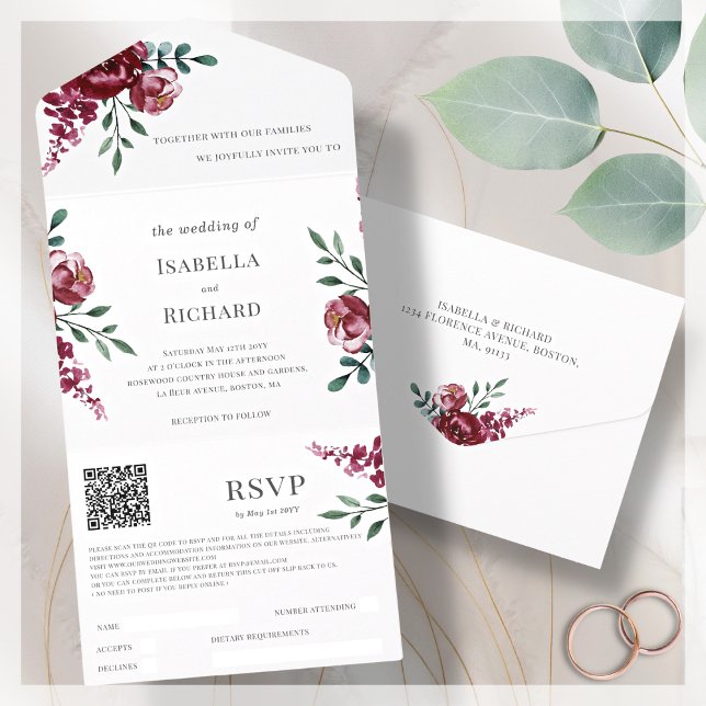Invitación Todo En Uno Borgoña | Marsala Red Floral | RSVP de código QR (Subido por el creador)