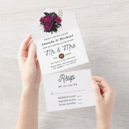 Invitación Todo En Uno Borgoña - Marsala y Boda floral de oro