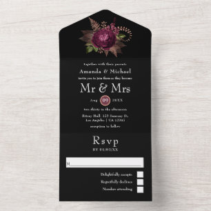Invitación Todo En Uno Borgoña - Marsala y Rosa Boda de Floral de oro Al