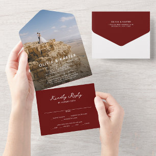 Invitación Todo En Uno Borgoña Moderno Boda de fotografía romántico negri
