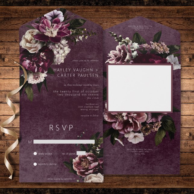 Invitación Todo En Uno Borgoña oscuro elegante y floral blanca sin cena (Dark Elegant Burgundy & White Floral No Dinner All In One Invitation)