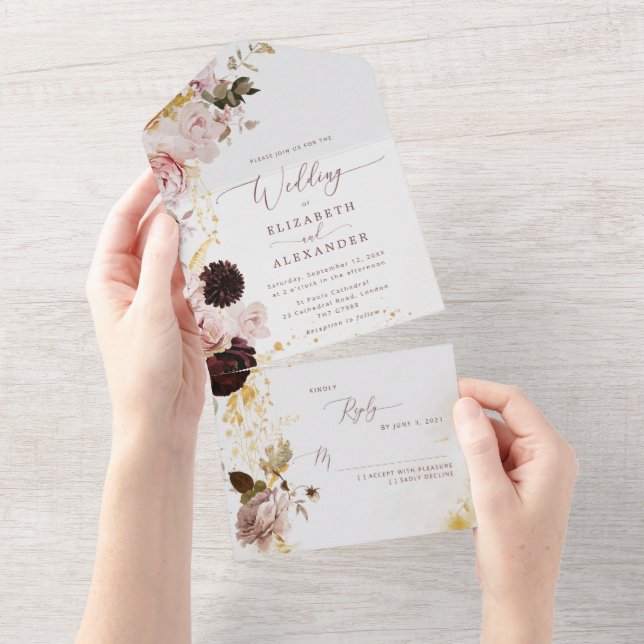 Invitación Todo En Uno Borgoña otoño floral elegante (desgarro)
