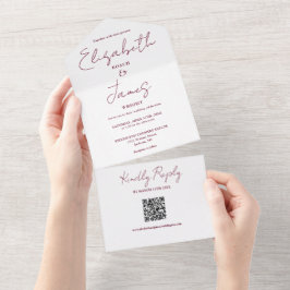 Invitación Todo En Uno Borgoña Red Elegant Script QR Code Boda