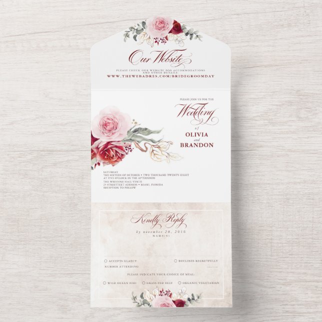 Invitación Todo En Uno Borgoña Red Floral Elegante Boho Boda (Interior)