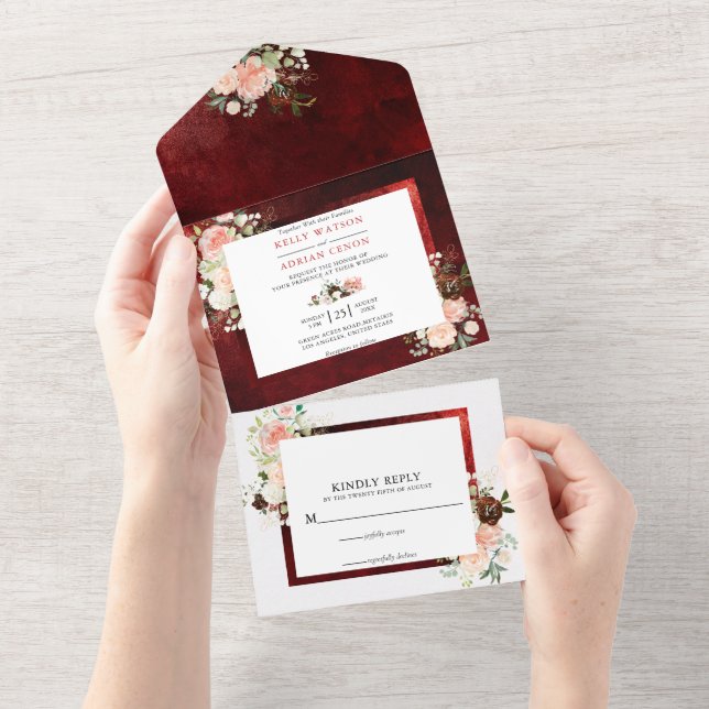 Invitación Todo En Uno Borgoña romántica Rubor Boda ruso floral rosa (desgarro)