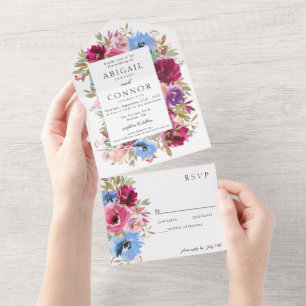 Invitación Todo En Uno Borgoña Rubor Dusty Blue Elegal Floral Todo dentro