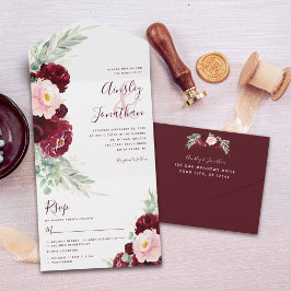 Invitación Todo En Uno Borgoña Rubor Floral Moderno Boda