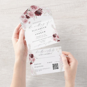 Invitación Todo En Uno Borgoña Rubor rosa Roses Floral QR Boda de código