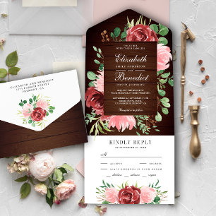Invitación Todo En Uno Borgoña rústica y Boda de madera floral rosa Rubor
