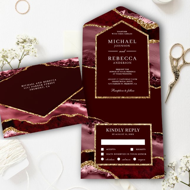 Invitación Todo En Uno Borgoña y Boda de mármol del oro (Subido por el creador)