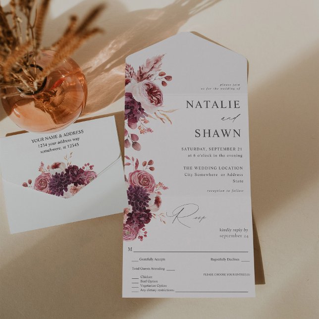 Invitación Todo En Uno Borgoña y floral rosa 8A Boda (Subido por el creador)