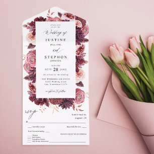 Invitación Todo En Uno Borgoña y Rubor Rosa 8B Boda 2