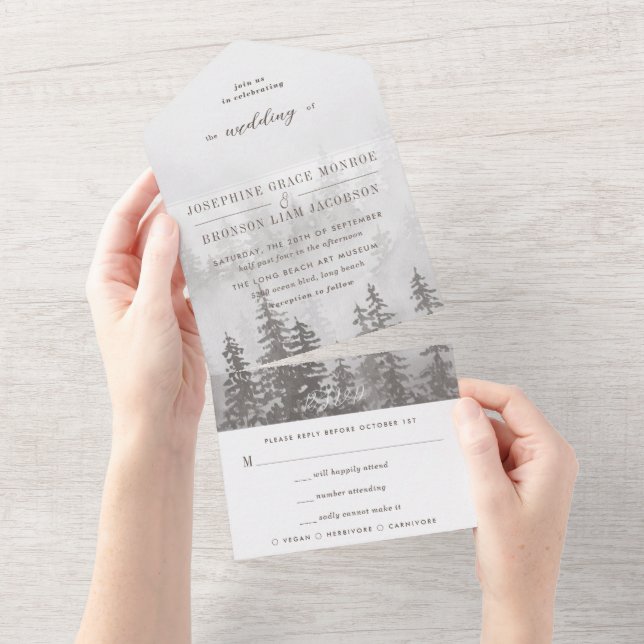 Invitación Todo En Uno Bosque acuarela de Evergreen en Boda beige gris (desgarro)
